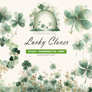 以下が含まれることがあります： 水彩画のクリップアート。緑色のクローバーと虹のデザインが特徴です。「Lucky Clover」のテキストがエレガントな筆記体で表示され、30ファイル、透明PNG、水彩画クリップアートに関する情報が含まれています。