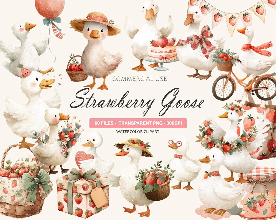 Strawberry Goose Clipart PNG Cute Watercolor Goose Illustration Digital ...