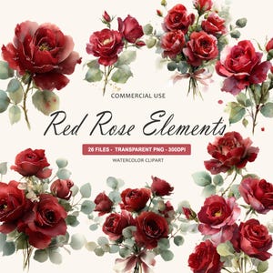 May include: Watercolor clipart featuring red rose elements. The image showcases various arrangements of deep red roses with green foliage. Text includes "Red Rose Elements", "26 Files - Transparent PNG - 300DPI", and "Watercolor Clipart".