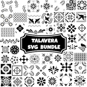 May include: A collection of black and white digital graphic designs featuring floral, geometric, and bird motifs arranged in a grid pattern. The central black label displays the white text TALAVERA SVG BUNDLE in a bold, sans-serif font.