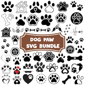 May include: A collection of black and white dog paw prints, bones, houses, and hearts. The words "DOG PAW SVG BUNDLE" are in a brown banner. The paw prints have various designs, including hearts and stars.