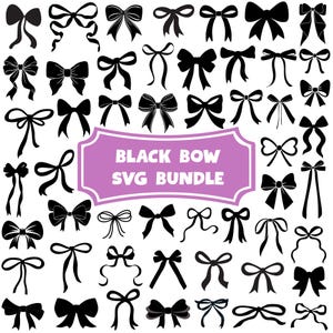 Może przedstawiać: Kolekcja czarnych wzorów kokardek w różnych stylach. Obraz zawiera kokardy z pętelkami, ogonkami i różnymi konfiguracjami węzłów. Fioletowy baner pośrodku głosi "BLACK BOW SVG BUNDLE".