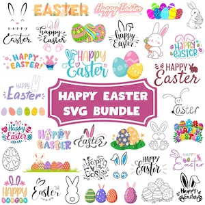 Könnte beinhalten: Eine Sammlung von Ostern-Designs im SVG-Format. Das Bild zeigt verschiedene Illustrationen, darunter Ostereier, Hasen und Textelemente wie "Happy Easter" und "Easter". Die Designs sind in verschiedenen Farben und Stilen, geeignet für Bastelprojekte.