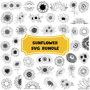 May include: A collection of black and white sunflower designs. The image features various sunflower illustrations, including full blooms, outlines, and arrangements. The text "SUNFLOWER SVG BUNDLE" is displayed on a yellow banner.