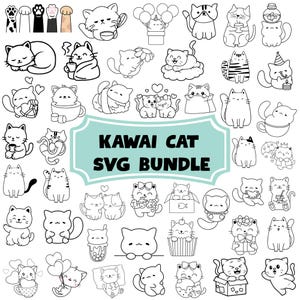 May include: A collection of black and white Kawaii cat SVG bundle designs. The designs include cats with various accessories, such as balloons, flowers, and cups. The text "KAWAI CAT SVG BUNDLE" is in the centre of the image.