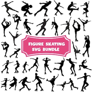 May include: A collection of black silhouette figures in various figure skating poses. The image includes a pink and white banner that reads "FIGURE SKATING SVG BUNDLE". The figures are in dynamic poses, showcasing jumps, spins, and graceful movements on ice skates.