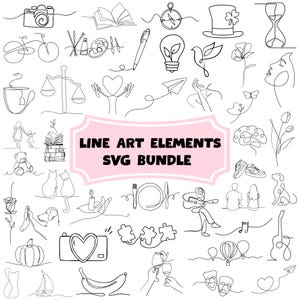 May include: A collection of line art elements in black, including a camera, bicycle, book, compass, lightbulb, bird, flower, and more. The text "LINE ART ELEMENTS SVG BUNDLE" is in a pink banner.