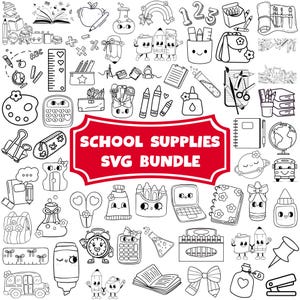 Könnte beinhalten: Eine digitale Sammlung von schwarz-weißen Strichzeichnungen mit verschiedenen Schulsachen wie Rucksäcken, Stiften, Büchern und Taschenrechnern, mit einem zentralen roten Banner mit dem Text SCHOOL SUPPLIES SVG BUNDLE.