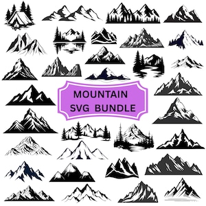 May include: A collection of black and white mountain illustrations in various styles. Some designs include trees, lakes, and a tent. The image features the text "MOUNTAIN SVG BUNDLE" in a purple banner.