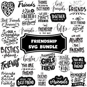 Puede incluir: Una colección de diseños SVG en blanco y negro con temática de amistad. Los diseños incluyen frases como "Best Friends Forever", "Friends Are Second Family" y "Diamonds Are a Girl's Best Friend". El diseño central dice "Friendship SVG Bundle".
