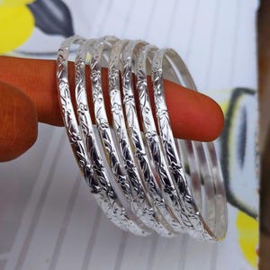 Handmade 925 Sterling Silver Bangles – Set of 7 Engraved Boho Stackable Bracelets