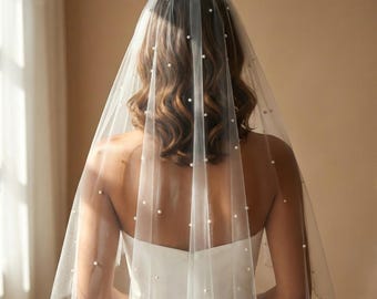 Pearl Veil for Wedding - Pearl Bridal Veil, Ivory Cathedral Veil with Pearls, Pearl Chapel Veil White Fingertip Veil, Elbow Veil Waltz Veil