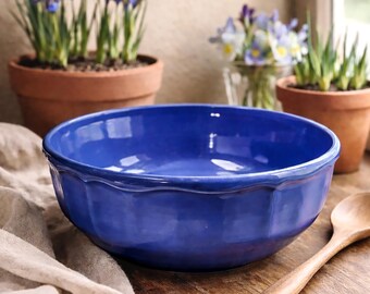 Vintage Varages French Pottery Blue Glazed Bowl 9.75 Inch
