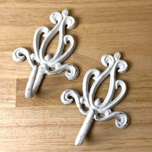 Vintage Cast Iron Wall Hooks Pair Distressed White Ornate Scroll French Country Decor