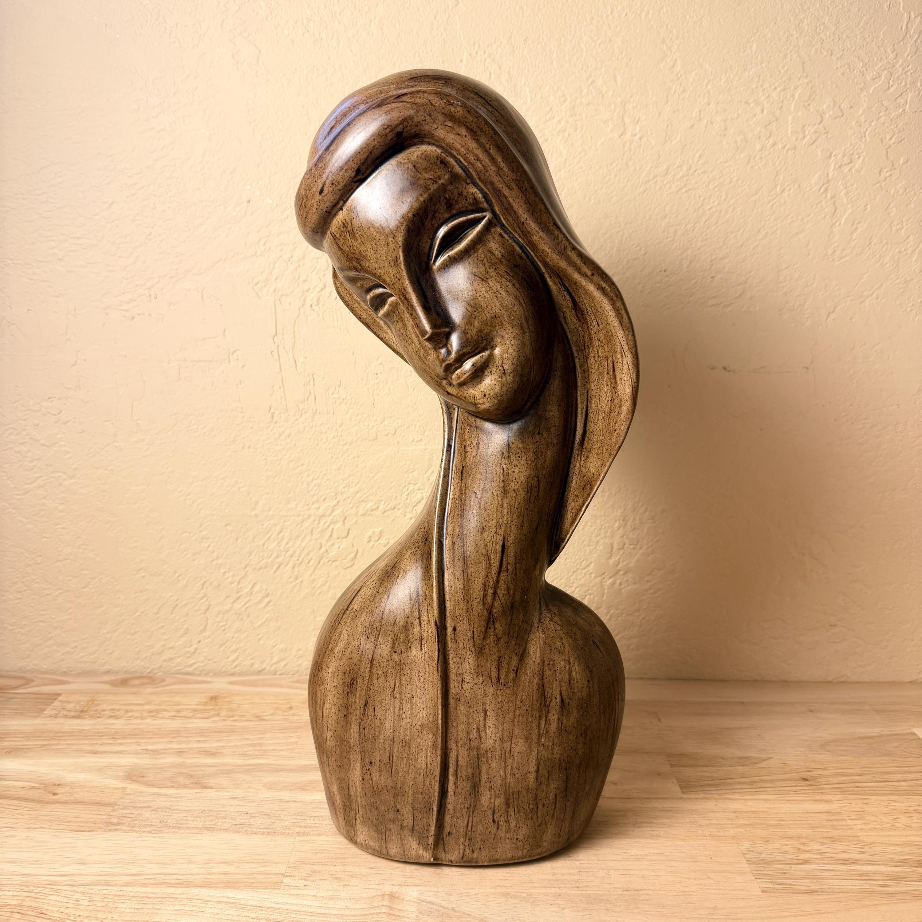MCM Brown Glazed Bust Chalk Ware  Sculpture Vintage Vintage MCM Brown Ceramic Glazed Art Sculpture of Bust and  main image 3