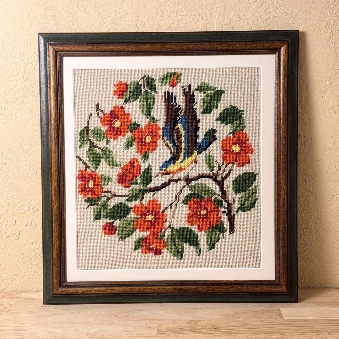 Vintage Framed Needlepoint Bird Floral Wall Art Square Wood Frame 16 ...