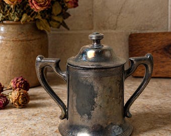 Vintage PS Co Silverplate Sugar Bowl Lidded Double Handle Tarnished Patina 5.75 Inch