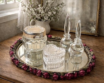 Vintage Vanity Tray Set with Glass Perfume Bottles, Avon Powder Jar, Heart Box