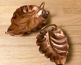 Vintage Gregorian Copper Leaf Dishes Pair Mid Century Hammered Decor Set