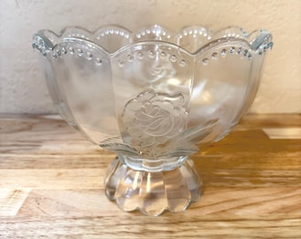 Vintage Imperlux Frosted Rose Footed Centerpiece Bowl, Scalloped Beaded Rim, Crystal 9.75 Inch