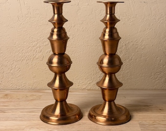 Vintage Copper Candlesticks Pair Tall Mid Century Modern Taper Holders 10.75 Inch