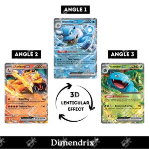 May include: Three Pokémon trading cards featuring Blastoise, Charizard, and Venusaur. The cards have a 3D lenticular effect, with the text "ANGLE 1", "ANGLE 2", and "ANGLE 3" above each card. The cards have various abilities and damage values.