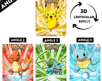 3Dレンチキュラーポスター | ポケモン4アングルポスター | ピカチュウ | ヒトカゲ | フシギダネ | ゼニガメ | ゲームルーム装飾