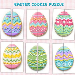 May include: An Easter-themed cookie puzzle featuring six colorful egg-shaped cookies, each divided into two pieces. The cookies are decorated with various patterns and colors, including pink, blue, yellow, and purple. The text "EASTER COOKIE PUZZLE" is at the top.