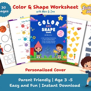 Könnte beinhalten: Ein 30-seitiges Arbeitsblatt-Set zu Farben und Formen mit einem blauen Deckblatt mit dem Titel Color and Shape Game with Max & Zoe. Die Seiten enthalten pädagogische Aktivitäten für Kinder, wie das Zuordnen von Formen und Ausmalbilder.
