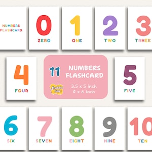 May include: A set of eleven number flashcards with colorful numbers and words. Each card displays a number from zero to ten, with the number and word in a different color. A pink card in the center reads "11 NUMBERS FLASHCARD".