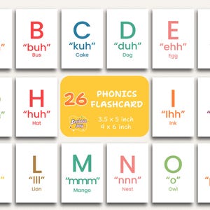 Puede incluir: Un conjunto de 26 tarjetas didácticas de fonética, cada una con una letra del alfabeto con una palabra y su sonido fonético correspondientes. Las tarjetas son blancas con texto e ilustraciones coloridas, diseñadas para el aprendizaje temprano. Incluye una tarjeta amarilla.