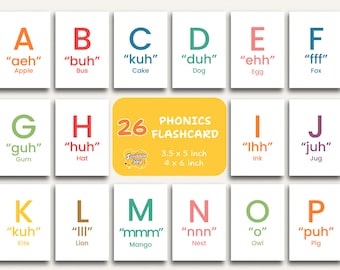 Può includere: Un set di 26 flashcard di fonetica, ognuna con una lettera dell'alfabeto con una parola e il suo suono fonetico corrispondente. Le carte sono bianche con testo e illustrazioni colorate, progettate per l'apprendimento precoce. Include una carta gialla con i dettagli.