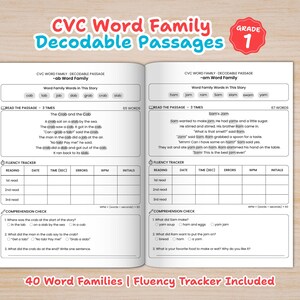 May include: Open book with "CVC Word Family Decodable Passages" title and "Grade 1" badge. Features passages for reading practice, fluency trackers, and comprehension checks. Includes "40 Word Families | Fluency Tracker Included" text.