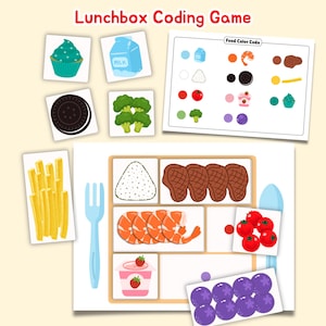Jeu de codage couleur de la boîte à lunch, activité de jeu de simulation alimentaire à imprimer, correspondance des codes de couleur pour les enfants d'âge préscolaire