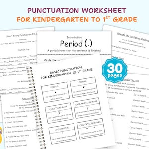 Peut inclure: Un ensemble de 30 pages de fiches d'exercices sur la ponctuation pour les élèves de maternelle et de CP. Les pages présentent des activités éducatives, notamment un texte à trous, une introduction au point et des exercices de réécriture.