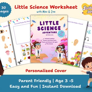 May include: A children's science worksheet set with the title "Little Science Adventure" featuring cartoon illustrations. The cover highlights topics like animal habitats and the five senses. Includes 30 pages and is designed for ages 3-5.