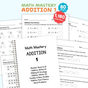 Puede incluir: Un cuaderno de ejercicios en espiral titulado Math Mastery ADDITION 1, que contiene 80 páginas y 1.180 ejercicios. Las páginas incluyen fluidez en sumas, vínculos numéricos al 10, sumas hasta 10 y 20, estrategia de hacer 10 y problemas.