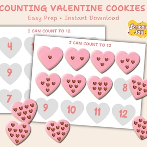 May include: A Valentine's Day-themed educational printable with the text "COUNTING VALENTINE COOKIES." The image features heart-shaped cookies with varying numbers of chocolate heart sprinkles. The text "I CAN COUNT TO 12" is also visible.