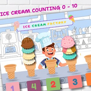 May include: An illustrated educational poster titled "Ice Cream Counting 0-10". The image features an ice cream factory scene with a chef and ice cream cones. Colorful ice cream scoops are stacked on cones, with numbers 1, 2, 3, 4, and 8 displayed.