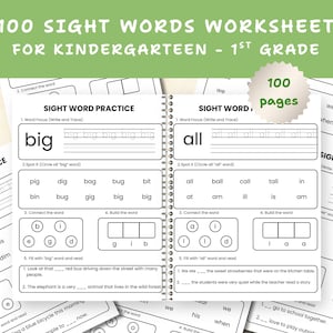 Puede incluir: Un cuaderno de ejercicios con espiral para practicar palabras de uso frecuente. La portada dice "100 Hojas de trabajo de palabras de uso frecuente para jardín de infancia - 1er grado". Cada página incluye ejercicios de trazo, círculo y completar oraciones. El cuaderno tiene 100 páginas.