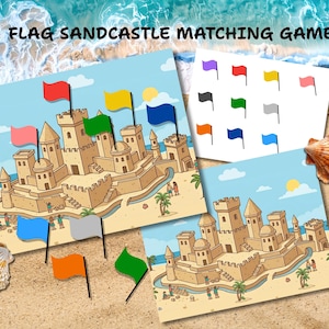 May include: A children's matching game titled "FLAG SANDCASTLE MATCHING GAME". The game features illustrations of sandcastles with colourful flags, and individual flags for matching. The scene is set on a sandy beach with seashells.