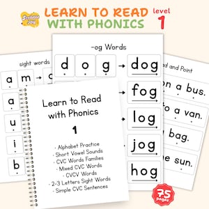 以下が含まれることがあります： 「Learn to Read with Phonics 1」というタイトルの教育用フォニックスワークブック。画像には、「dog」、「fog」、「log」などの単語と、サイトワードとアルファベットの練習が掲載されたページが表示されています。75ページが含まれています。