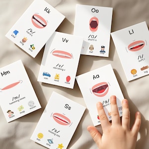 Peut inclure: Cartes éducatives pour l'apprentissage de la phonétique. Chaque carte présente une lettre, une illustration de bouche et des mots associés comme "kite" et "kick". Idéal pour l'apprentissage de la lecture et de la prononciation.