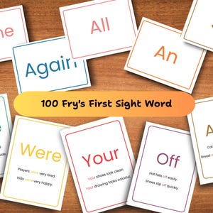 May include: A collection of flashcards with sight words, including "None," "Have," "Again," "All," "An," "So," "Were," "Your," "Off," and "And." The cards are white with colorful borders and text. The words are from the "100 Fry's First Sight Word" list.