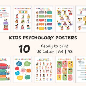 Op de afbeelding: Een set van tien kleurrijke psychologieposters voor kinderen. Elke poster bevat illustraties en tekst over gevoelens, copingvaardigheden en positieve zelfspraak. De posters zijn klaar om af te drukken in US Letter, A4 en A3.
