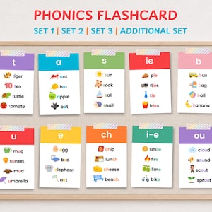 May include: A set of ten educational phonics flashcards arranged on a board. Each card features a letter or sound at the top with four corresponding words and colorful illustrations. The text includes PHONICS FLASHCARD, SET 1, SET 2, SET 3, ADDITIONAL SET, and various words like tiger, ant, sun, pie, bus, mug, egg, chip, smile, and cloud.