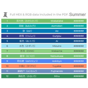 May include: A color palette chart labeled "Summer" with Japanese text and English translations. The chart displays 12 color swatches with names like "Wakatake" and "Aomidori", along with their corresponding HEX and RGB data.