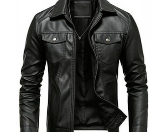 Herren schwarze Lederjacke Vintage Style Reißverschluss Mantel