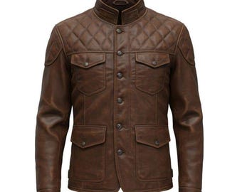 Men Brown Leather Jacket  Vintage Style Button Up Coat