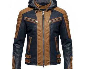 Herren Brown & Black Lederjacke Vintage Style Reißverschluss Mantel